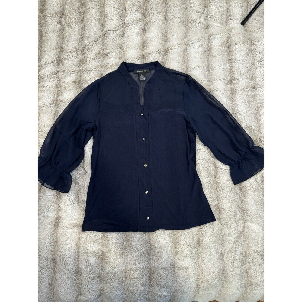 Adele & May navy blouse with sheer shoulders casual office Size Small - Picture 5 of 14